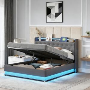 Lit coffre - NEXU - Lit adulte double 160x200 cm avec USB et LED, Lit rembourr&eacute; avec sommier &agrave; lattes et rangement, Lin Gris