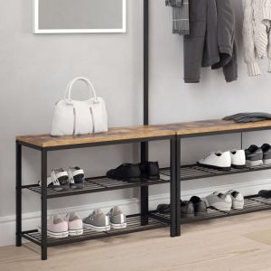 Banc &agrave; chaussure &bdquo;Fyrk&ldquo; 70x52cm Design bois antique/Noir Vicco