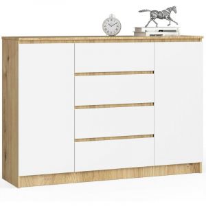 Commode Akord K140 Ch&ecirc;ne Artisan 138 cm 2 portes 4 tiroirs fa&ccedil;ade Blanche 4 &eacute;tag&egrave;res 138x40x99 cm