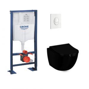 Image de vitra Wc suspendu avec Abattant frein de chute + Bati support Grohe et Plaque de commande, plaque blanche, noir brillant