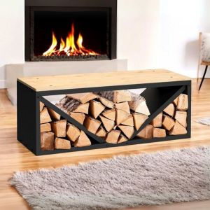 Porte-Bûches d'Intérieur avec Banc en Métal Noir 96602 Rangement à Bois Porte-Bûches de Chauffage - Dandibo