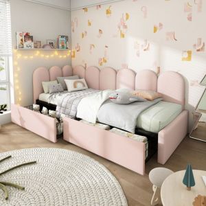 Oem Lit 90x200cm avec 2 Tiroirs de Rangement - T&ecirc;te de Lit en Velours Rose - Lit Enfant - Lit 1 Personne - Sommier &agrave; Lattes - Rose