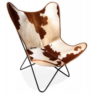 Image de Alter Ego Fauteuil papillon 'FOX' en cuir avec poils taché brun et blanc