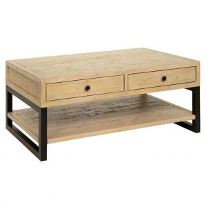 Table basse double plateau 2 tiroirs en bois recyclé 120x70cm