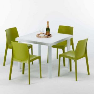 Grand Soleil Table carrée et 4 chaises Poly rotin resine colorées 90x90 blanc | Rome Anis vert