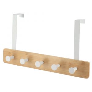 Tendance Patère Porte-serviettes 5 Crochets en métal Blanc et Bambou - à suspendre