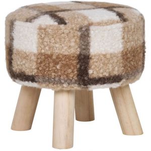 STOOL - Tabouret Bas Tissu Boucl&eacute; Imprim&eacute; Ecossais Pieds en Pin Naturel