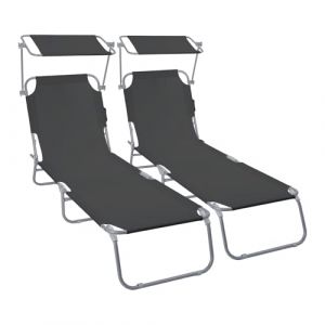 Vounot Lot de 2 Chaise Longue avec Pare Soleil Bain de Soleil Pliable Tissu Polyester Inclinable 4 Positions Transat Charge Max 120KG pour Jardin Terrasse Piscine Plage Camping Noir