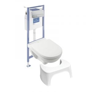 Villeroy & Boch Pack WC sans bride O novo abattant frein de chute + bâti-support sol et mur + plaque Chromé mat + Tabouret blanc