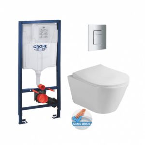 Grohe Pack WC Bâti support Rapid SL + WC sans bride Avva + Abattant softclose + Plaque chrome mat (RapidSL-Avva-5)