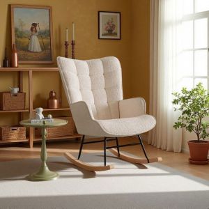 Fauteuil &agrave; Bascule - Tissu Mouton Teddy - Dossier Haut - Accoudoirs Larges - Beige