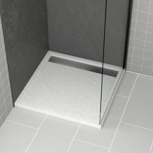 Aurlane Receveur en acrylique Blanc Effet Pierre 90x90x4cm + Grilles Linéaires Chrome et Gun Metal