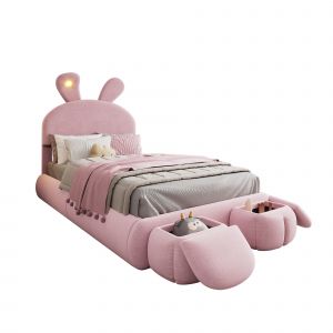 Lit Enfant,Lit avec matelas, lit simple 90&times;200 cm avec lumi&egrave;re LED et 2 tabourets de rangement,Rose