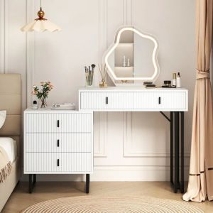 COSTWAY Coiffeuse avec Miroir LED, 3 Modes d'&Eacute;clairage, Luminosit&eacute; R&eacute;glable, Bureau Coiffeuse, 5 Tiroirs, Patins R&eacute;glables, Dispositifs