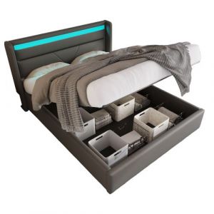Lit double 160x200, avec rangement hydraulique avec LED, cadre de lit rembourré, gris