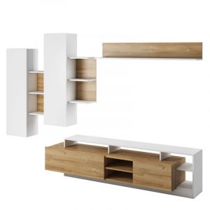 Meuble TV ANGIE 2 portes avec étagère et colonnes murales Blanc / Bois Blanc / Bois