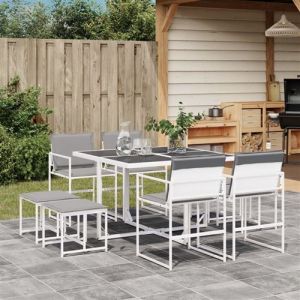 VidaXL Ensemble à manger de jardin avec coussins 9 pcs blanc textilène, ensemble à manger d'extérieur, meuble à manger de jardin, table et chaises de jardin