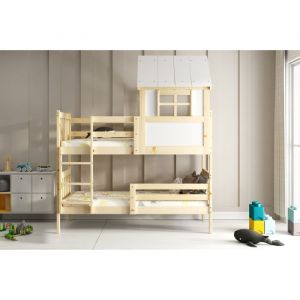 Lit superposé Cabane KACPER dim.matelas 97x195, dim.metelas 90x190 Bois Massif Naturel 2 Places Barrière de sécurité Sommier Séparable en 2 lits