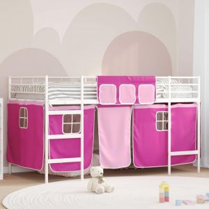 VidaXL Lit mezzanine pour enfants - Blanc et Rose - 207x104x116.5 cm - Cadre m&eacute;tallique - Rideaux en maille