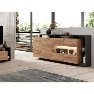 Buffet 4 portes et 4 niches avec LEDs - Naturel clair et Anthracite - IDESIA