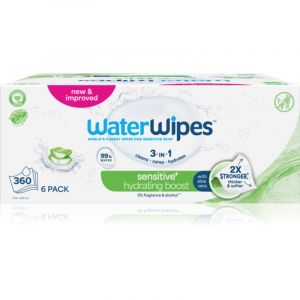 WaterWipes Hydrating Clean Baby Wipes, 360 unités (6 paquets), 99 % d'eau avec aloe vera, 3-en-1 nettoie, soigne, hydrate, non parfumées, emballage pouvant varier