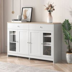 Buffet bahut - JAERLIUB - Armoire moderne - 4 portes 3 tiroirs - Portes en verre - Blanc