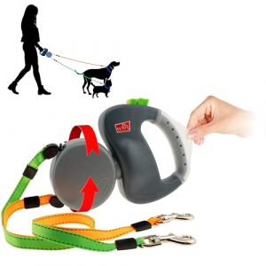 Wigzi Two Dog Laisse rétractable Anti-nœuds avec poignée en Gel innovante – Promenez 2 Chiens jusqu'à 22,7 kg chacun – Laisse de 3 m, Gris, S/M