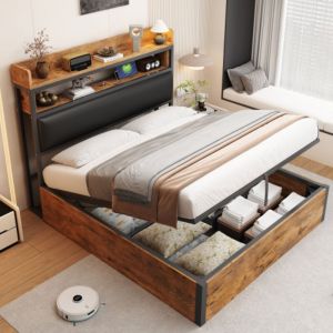 Lit coffre 140x200 cm, lit adulte avec m&eacute;canisme de levage hydraulique, USB et design r&eacute;tro en bois et m&eacute;tal, noir, sans matelas