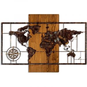 Wallity Accessoire mural décoratif en bois peint à la main, 58 x 85 cm, 100% bois (3 cm) et métal (1,5 mm), finition unique en noyer et marron, parfait pour la décoration de la maison