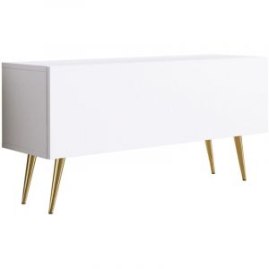 Meuble TV Blanc Mat, Pieds Dor&eacute;s, L: 100 Cm, H: 52 Cm, P: 32 Cm,