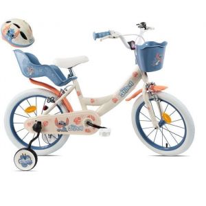 V&eacute;lo enfant - Mod&egrave;le 16'' Stitch de L&eacute;o et Stitch par Disney pour fille de taille 100 &agrave; 120 cm avec stabilisateurs, 2 freins & Panier avant et Porte poup&eacute;e et Casque inclus!