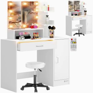 Coiffeuse Jocelyn Blanc 140x90x40cm LED + tabouret à roulettes