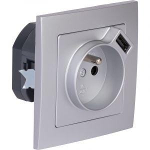 Zenitech Prise + USB A encastr&eacute;s + plaque de finition Kalya - Argent