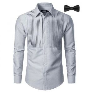 Chemise Homme Grise Manches Longues Coupe R&eacute;guli&egrave;re Avec N?Ud Papillon Inclus - Chemise &Eacute;l&eacute;gante Boutonn&eacute;e Taille Xl