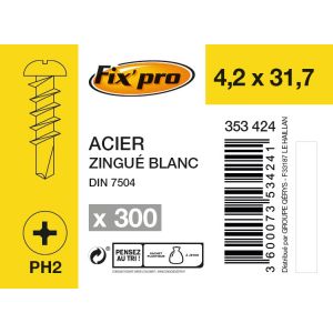 Fix'Pro Vis &agrave; t&ocirc;le t&ecirc;te ronde autoforeuse Phillips acier zingu&eacute; - 4,2x32 - 300pces - Fixpro
