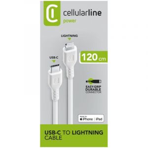 Cellularline Power Cable 120cm - USB-C to Lightning C&acirc;ble USB-C &agrave; Lightning de charge et transfert de donn&eacute;es.