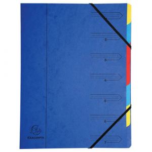 Exacompta Réf. 54072E - Carton de 12 trieurs dos agrafé - avec élastiques - couverture imprimée en carte lustrée et intérieur en carte recyclée - 7 compartiments - 24,5 x 32 cm - pour A4 - bleu