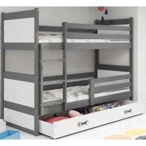 Image de Interbeds - Lit superposé Rico 90x200 Bois Massif, Pin, Barrière, Sommier, Tiroir, Séparable en 2 lit (Gris+blanc)
