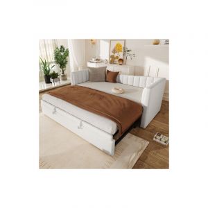 Okwish - Canap&eacute;-lit 90/180x200 cm, lit rembourr&eacute;, lit simple avec lit gigogne r&eacute;glable, en velours blanc, sans matelas