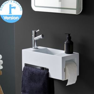 Planetebain Lave mains en solid surface Maximo 40 x 18 avec dérouleur papier et porte-serviette - robinet à gauche