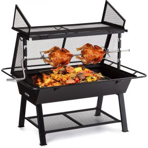 Blumfeldt Tourne Broche Mechoui, Rotisserie et Gril de Barbecue 2 en 1, Tourne Broche Barbecue, Rotissoire Manuel, Housse de Pluie, Protection des Etincelles INOX, BBQ Grill Barbecue Charbon de Bois
