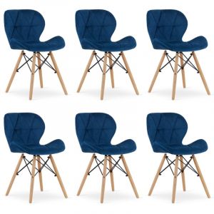 Chaise AMATRICE bleu marine, velours, pieds en bois, dimensions 48x74x53 cm, jusqu'&agrave; 110 kg, pour salon, bureau, set de 6 pi&egrave;ces