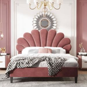 Lit Double Rembourr&eacute; - 140x200 cm - T&ecirc;te de Lit Fleur - Sommier &agrave; Lattes - Tissu Velours Doux - Rouge Haricot