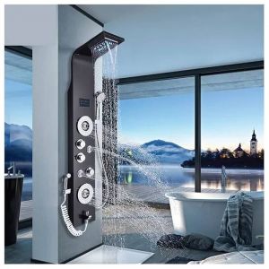 Douche &agrave; commande tactile, Panneau de douche &agrave; LED en nickel noir Six fonctions Colonne de douche Pluie Cascade Douche Massage Spa