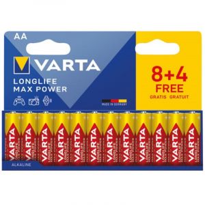 Varta Piles AA, 8+4 (lot de 12), Longlife Max Power, Alcalines, 1,5V, emballage recyclé à 90%, adaptées aux appareils photo numériques, contrôleurs, Made in Germany