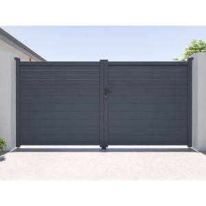 Portail &eacute;lectrique battant aluminium persienn&eacute; L355 x H181 cm anthracite - VIAZO