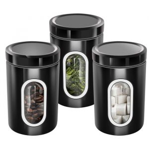 Ensemble 3 Bo&icirc;tes Empilables Pour Caf&eacute; Sucre Fen&ecirc;tre Transparent Herm&eacute;tique Cheffinger Noir