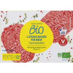Monoprix Bio Steaks hach&eacute;s pur boeuf. Fa&ccedil;on bouch&egrave;re