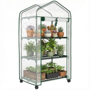 Outsunny Serre de jardin - avec &eacute;tag&egrave;res 3 niveaux - b&acirc;che PVC renforc&eacute;e ch&acirc;ssis en acier - porte zipp&eacute;e enroulable - transparent