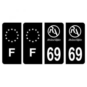Lot 4 Autocollants plaque d'immatriculation voiture département 69 Rhône Région Rhône Alpes Noir & F France Europe